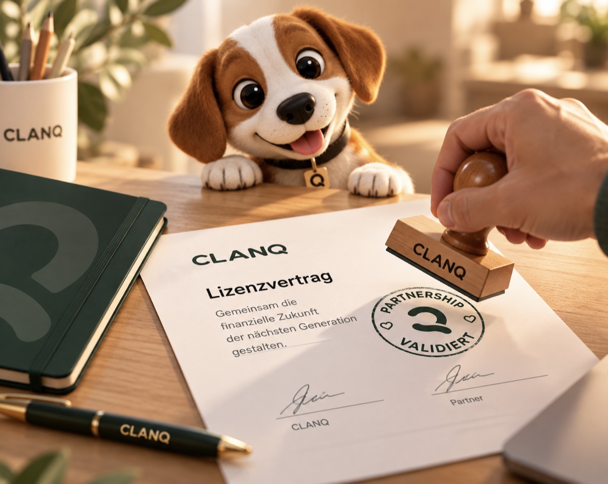Unterzeichnung des Lizenzvertrags mit CLANQ-Stempel