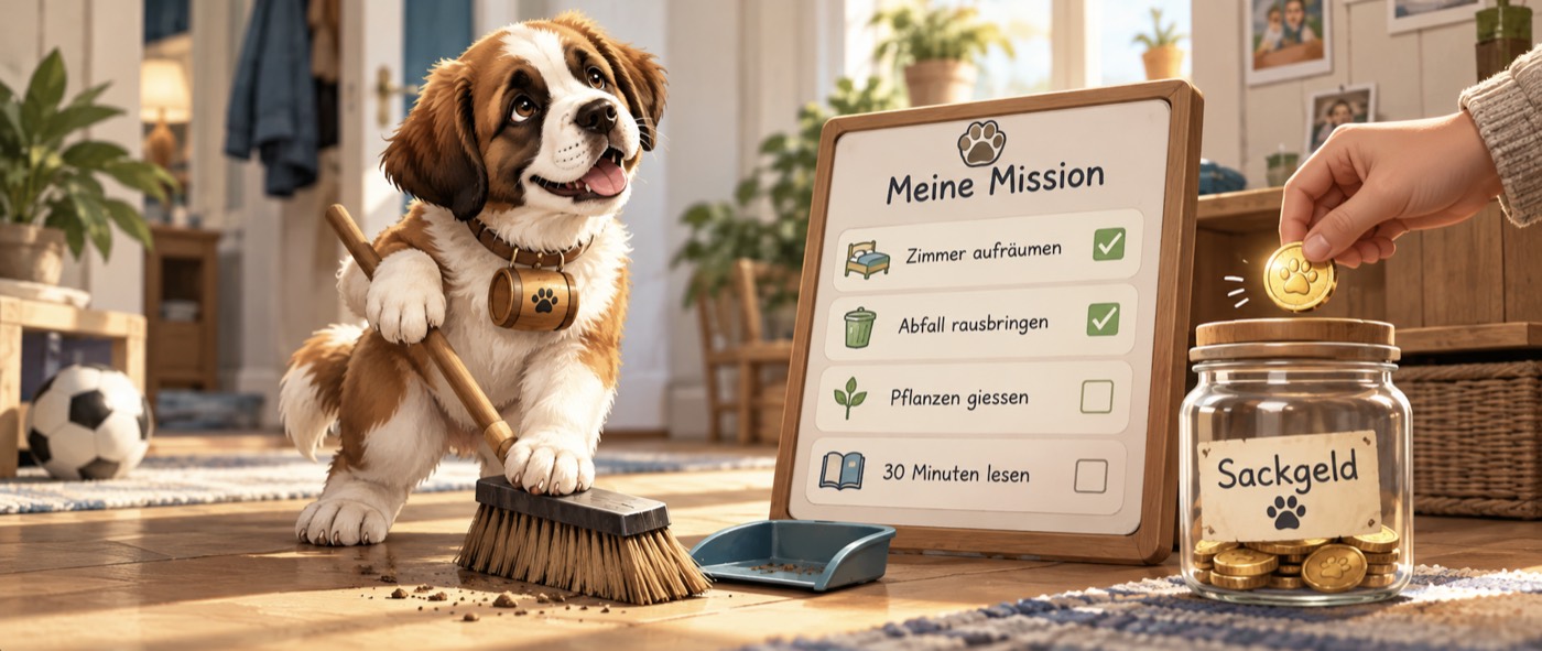 Clarry mit Money-Missions-Tafel und Spardose