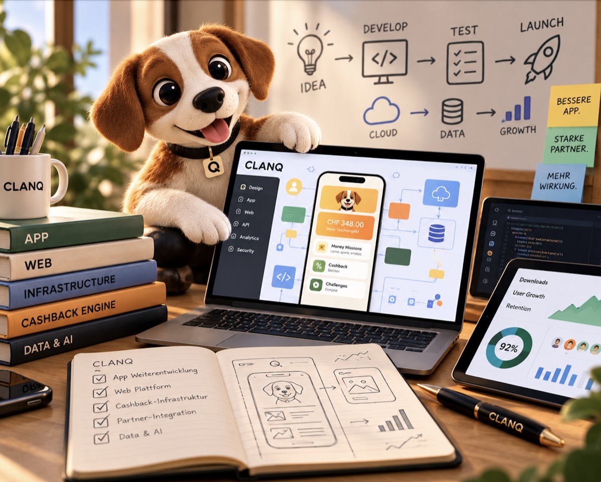 Clarry vor Laptop und Skizzen zur App-Entwicklung